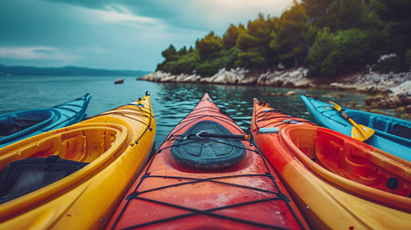 A fleet of colorful kayaks ready for an exploration of the coastlineの素材