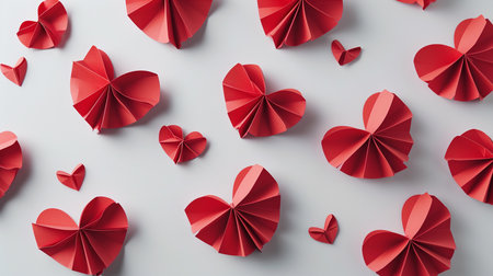 Valentines day card with red heart-shaped paper elements on a white backgroundの素材
