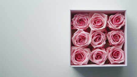 Valentine's Day postcard with pink roses in a box on white backgroundの素材