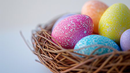 Easter postcard with pastel rainbow eggs in a wicker basketの素材