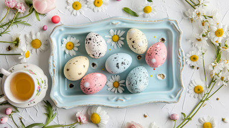 Easter postcard with pastel eggs on a vintage tray with teacups and daisies on white backgroundの素材