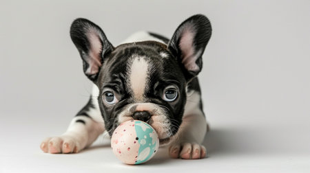 Easter postcard with playful french bulldog puppy attempting to balance a painted egg on her noseの素材