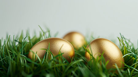 Easter postcard with golden eggs nestled in green grassの素材
