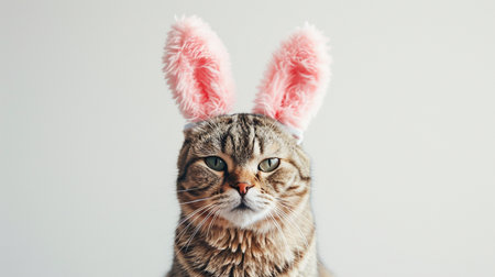 Easter postcard with cute british cat wearing oversized bunny earsの素材