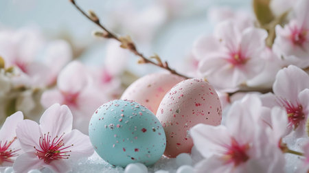 Easter postcard with pastel-colored easter eggs surrounded by cherry blossomsの素材