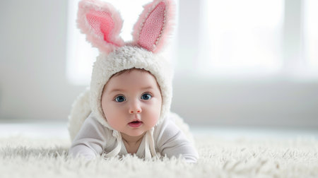 Cute baby dressed in easter bunny earsの素材