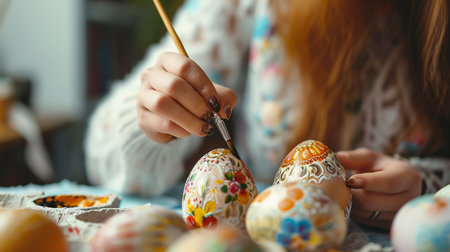 Woman painting traditional romanian easter eggsの素材