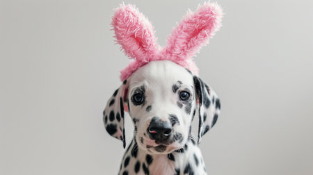 Little Dalmatian puppy in pink easter bunny earsの素材