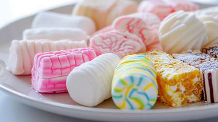 Variety of marshmallow sweets, arranged on a plateの素材