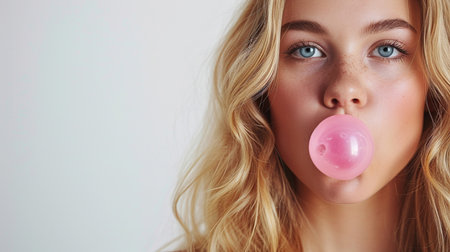 Beautiful blonde girl blowing pink bubblegum on a isolate white backgroundの素材