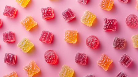 Pattern of gummies candies scattered on a isolate pink backgroundの素材
