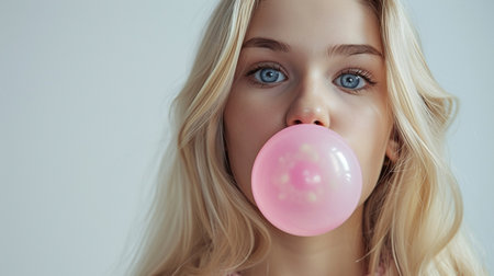 Beautiful blonde girl blowing pink bubblegum on a isolate white backgroundの素材