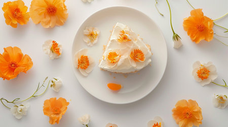 White plate of apricot cheesecake, pastel orange flowers, on a white backgroundの素材