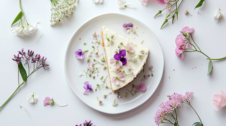 White plate of cheesecake, pastel flowers, on a white backgroundの素材