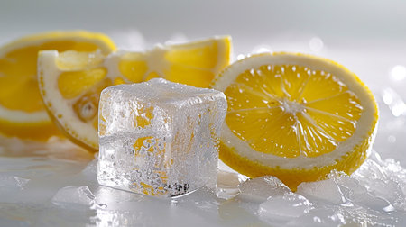 Advertising photo with ice cubes, frozen lemon slices, on a white backgroundの素材