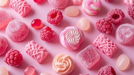 Close-up photo of a variety pink candiesの素材