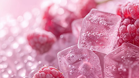 Advertising photo with ice cubes, frozen pink fruits, on a pink backgroundの素材