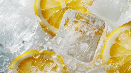 Advertising photo with ice cubes, frozen lemon slices, on a white backgroundの素材