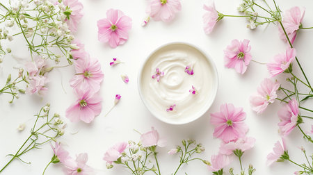 White bowl of yogurt with pastel flowers on a white backgroundの素材