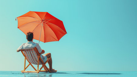Man sitting on deck chair with beach umbrella, on isolate blue backgroundの素材