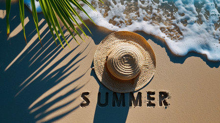 Sale banner with text on sandy beach SUMMERの素材