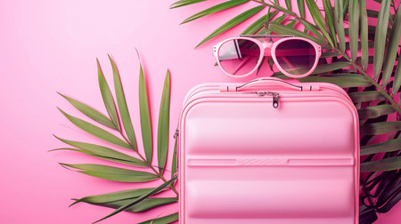 Sale banner with suitcase, sunglasses and palm leaves on pink backgroundの素材
