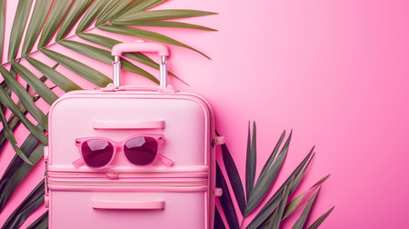 Sale banner with suitcase, sunglasses and palm leaves on pink backgroundの素材