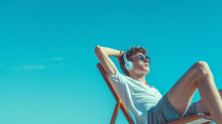 Man sitting on deck chair with beach umbrella, on isolate blue backgroundの素材