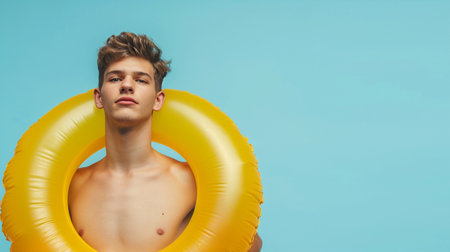 Young man with inflatable ringの素材