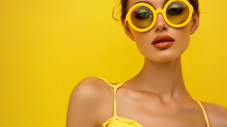 Woman wearing yellow swimming suit  and  a rounded yellow sunglassesの素材