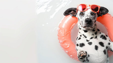 Cute dalmatian dog wearing neon sunglasses and an swimming circle on a white backgroundの素材
