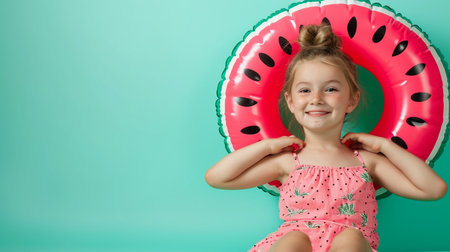Little girl with inflatable watermelon ringの素材