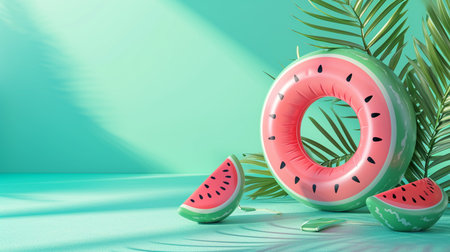 Sale banner with watermelon inflatable ring on pastel color backgroundの素材