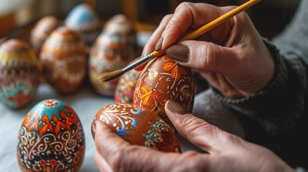 Woman painting traditional romanian easter eggsの素材