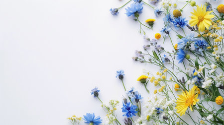White blank surface with blue and yellow wild flowersの素材