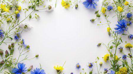 White blank surface with blue and yellow wild flowersの素材