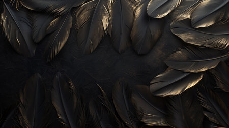 Feathers, black and gold theme, view from aboveの素材