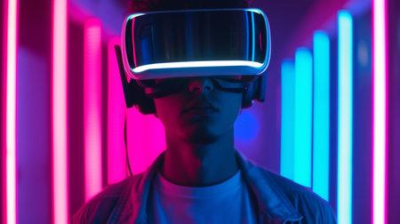 Man with VR glasses in neon lightsの素材