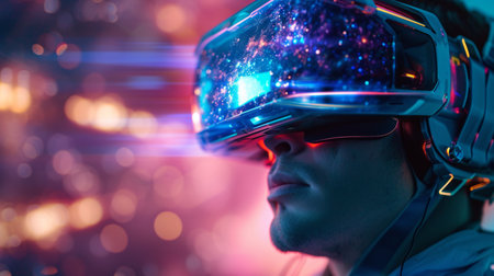 A man in futuristic VR glasses that simulate intergalactic space travelの素材