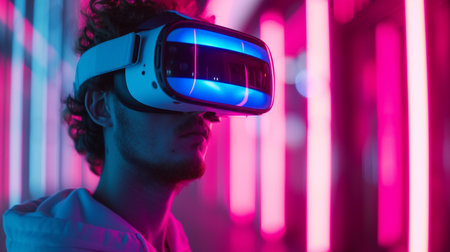 Man with VR glasses in neon lightsの素材