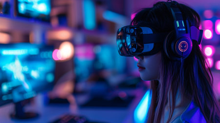 Cute girl with VR glasses, streamerâs workplaceの素材
