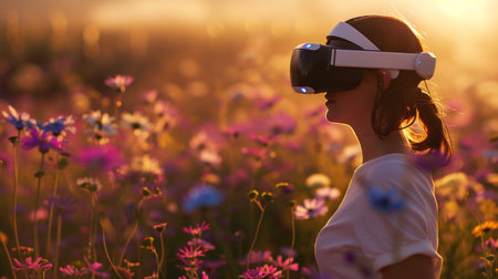 A woman playing a VR game in a wild field with flowersの素材