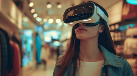 Woman in retail store using VR glassesの素材