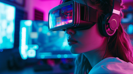 Cute girl with VR glasses, streamerâs workplaceの素材