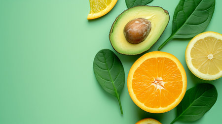 Avocado and orange on green backgroundの素材