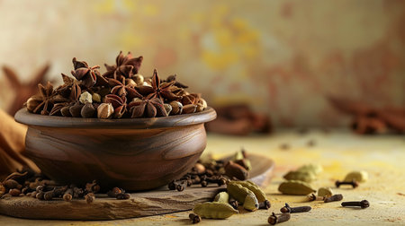 Cloves and cardamom pods arranged in a rustic settingの素材
