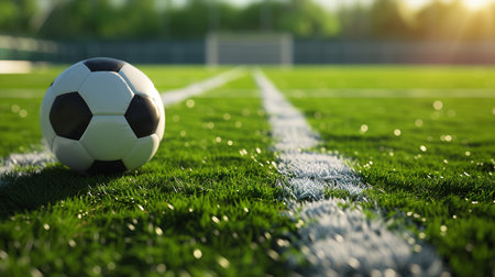 Soccer field on background and soccer ball on the left sideの素材