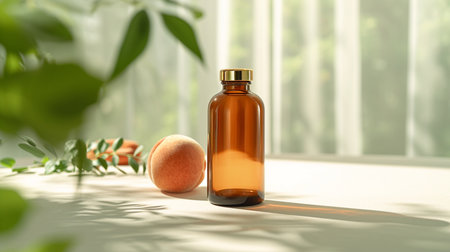 Brown glass bottle with gold lid standing on white tableの素材