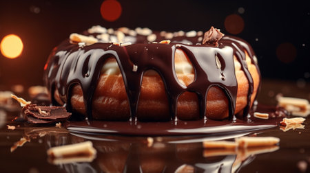 Delicious donuts with chocolate glaze on dark background, closeupの素材