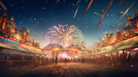 Fireworks in the night sky with people walking in front of the templeの素材